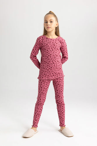 Kız Çocuk Desenli Uzun Kollu Fitilli Kaşkorse Pijama Takımı