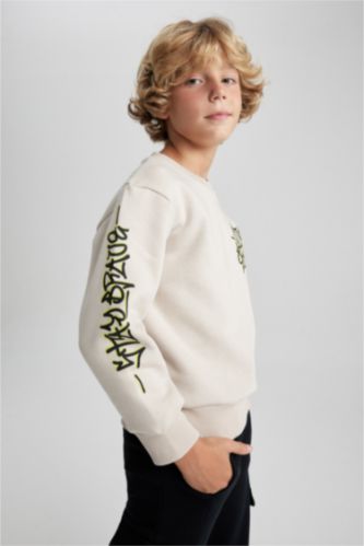 Boys & Teens Beige Boy Crew Neck Printed Sweatshirt