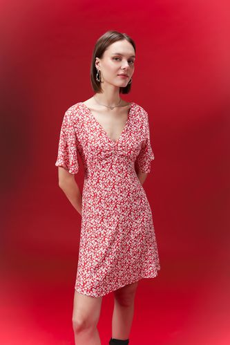 V Yaka Floral Maroken Mini Kısa Kollu Kırmızı Elbise