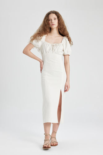 Платье с коротким рукавом миди А-силуэта с V-образным вырезом с рукавами-баллон из льна