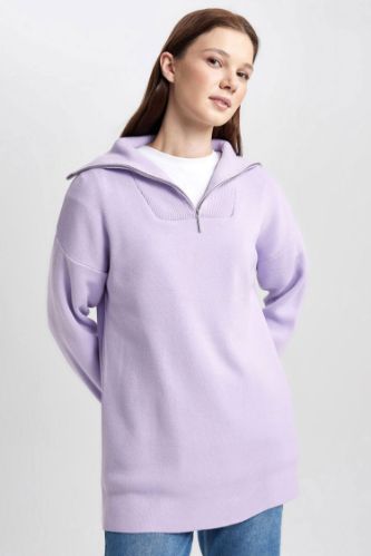 Regular Fit Fermuarlı Dik Yaka Triko Kazak Tunik