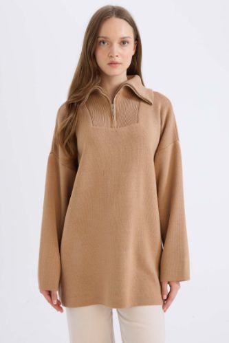 Regular Fit Fermuarlı Dik Yaka Triko Kazak Tunik