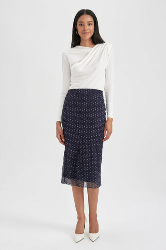 Straight Fit Polka Dot Tulle Lined Normal Waist Midi Knitted Skirt