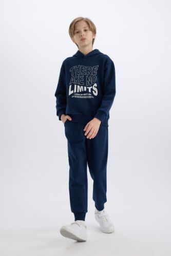 Erkek Çocuk 2'li Takım Kapüşonlu Baskılı Sweatshirt Beli Lastikli Eşofman Altı