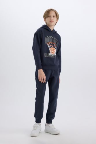 Erkek Çocuk 2'li Takım Kapüşonlu Baskılı Sweatshirt Beli Paçası Lastikli Eşofman Altı