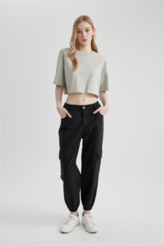WOMAN Black Cargo Jogger Gabardine Trousers