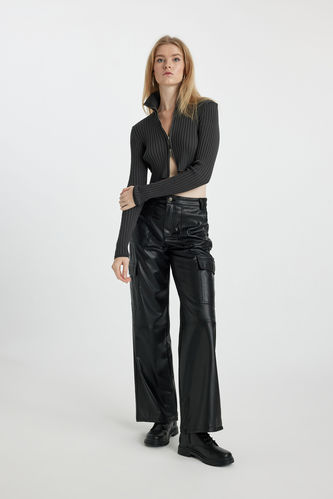 Wide Leg Cargo Faux Leather Trousers