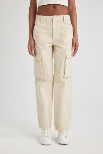 Gabardin Pantolon Straight Fit Standart Boy Yüksek Bel Kargo Cepli