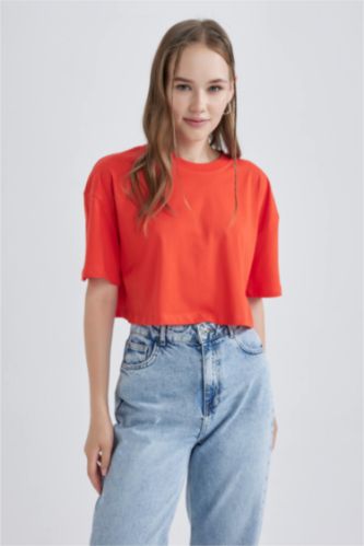 Women Red Oversize Fit Cotton Short Sleeve T-Shirt