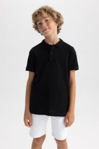 Erkek Çocuk - Genç Erkek Siyah Pike Kısa Kollu Basic Düz Polo Tişört Erkek Çocuk