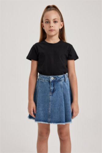 Kız Çocuk - Genç Kız Siyah Kız Çocuk Bisiklet Yaka Basic Düz Kısa Kollu Tişört