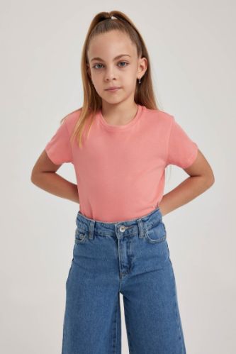 Kız Çocuk Bisiklet Yaka Basic Düz Kısa Kollu Tişört