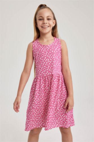 Young Girls - Teen Girls Fushsia Girl Patterned Cotton Sleeveless Dress