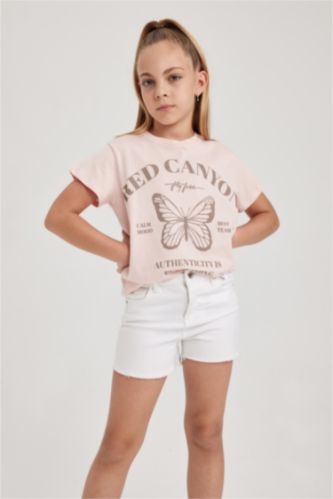 Kız Çocuk Bisiklet Yaka Baskılı Kısa Kollu Tişört