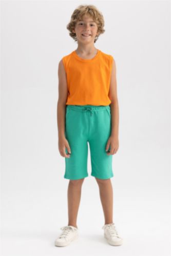 Erkek Çocuk - Genç Erkek Yeşil Beli Lastikli Basic Düz Bermuda Şort Erkek Çocuk