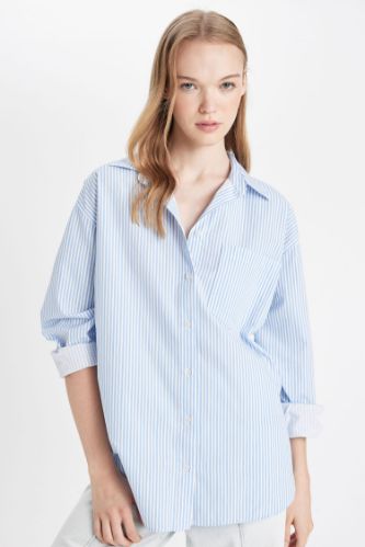 Oversize Geniş Kalıp Cepli Çizgili Poplin Uzun Kollu Gömlek