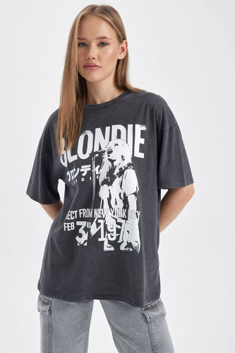 Coool Blondie Oversize Bisiklet Yaka Baskılı %100 Pamuk Kısa Kollu Yıkamalı Soluk Efektli Tişört