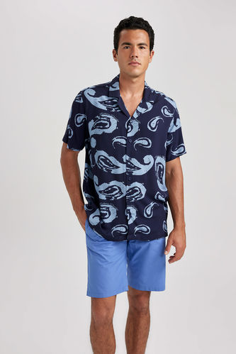 Relax Fit Apache Neck Viscose Printed Short Sleeve Shirt