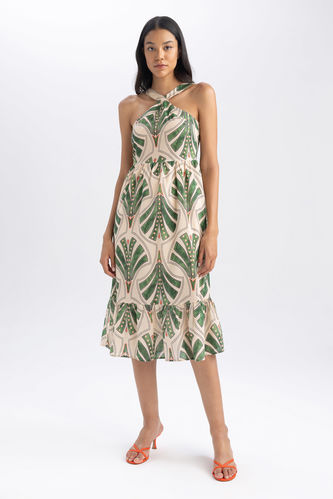 Crossneck Tropical Patterned Voile Sleeveless Maxi Short Sleeve Woven Dress
