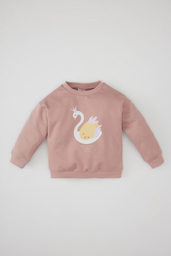 Baby Girl Crew Neck Swan Printed Sweatshirt