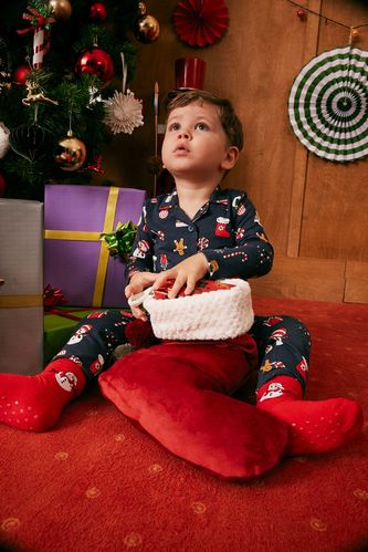 Erkek Bebek Yeni Yıl Baskılı Uzun Kollu Penye 2'li Pijama Takımı