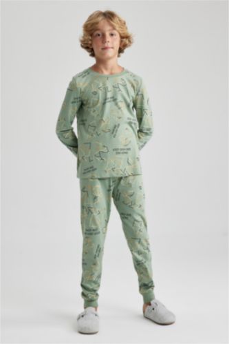 Erkek Çocuk - Genç Erkek Açık Yeşil Erkek Çocuk Desenli Uzun Kollu Pijama Takımı