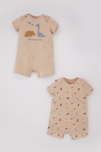 Baby Boy Beige Baby Boy Newborn Dinosaur Printed Combed Cotton 2 Piece Jumpsuit