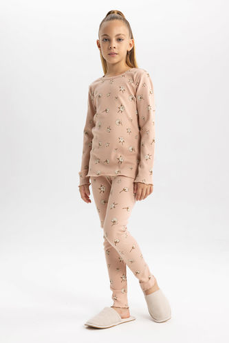 Kız Çocuk Desenli Fitilli Kaşkorse Uzun Kollu Pijama Takımı