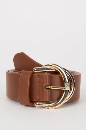 Woman Oval Buckle Faux Leather Classic Belt