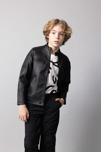 Boy Waterproof Half Turtleneck Faux Leather Jacket