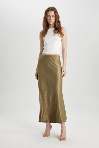 A Cut Satin Normal Waist Midi Skirt