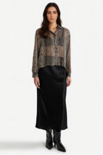 WOMAN Black A Cut Satin Normal Waist Midi Skirt