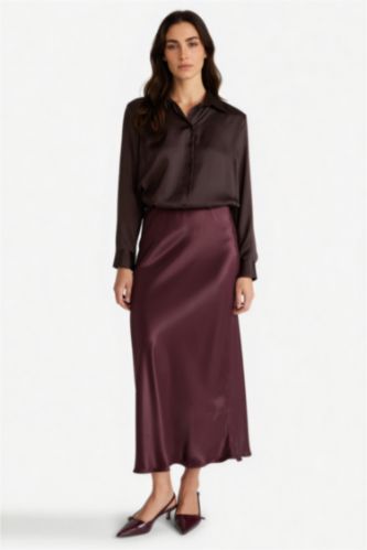 Kadın Bordo A Kesim Normal Bel Saten Midi Etek