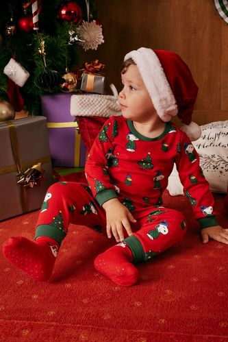 Erkek Bebek Snoopy Yeni Yıl Baskılı Uzun Kollu Pijama Takımı