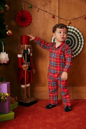 Erkek Bebek Yılbaşı Temalı Kareli Uzun Kollu Flanel Pijama Takımı