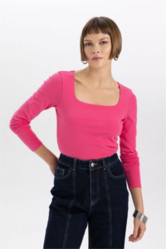 WOMAN Dark Pink Slim Fit Square Collar Long Sleeve T-Shirt