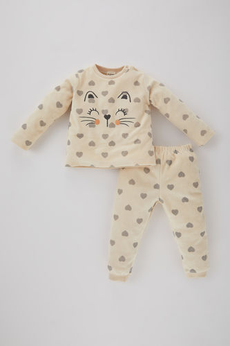 Kız Bebek Kalp Desenli Uzun Kollu Penye Pijama Takımı
