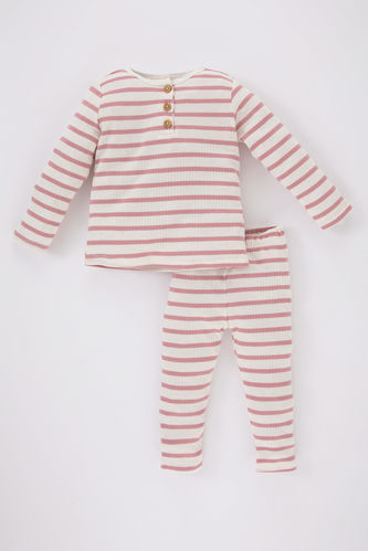 Kız Bebek Çizgili Uzun Kollu Fitilli Kaşkorse Pijama Takımı