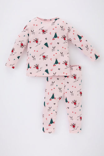 Kız Bebek Yılbaşı Temalı Uzun Kollu Fitilli Kaşkorse Pijama Takımı