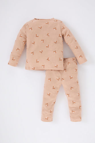 Kız Bebek Çiçekli Uzun Kollu Fitilli Kaşkorse Pijama Takımı