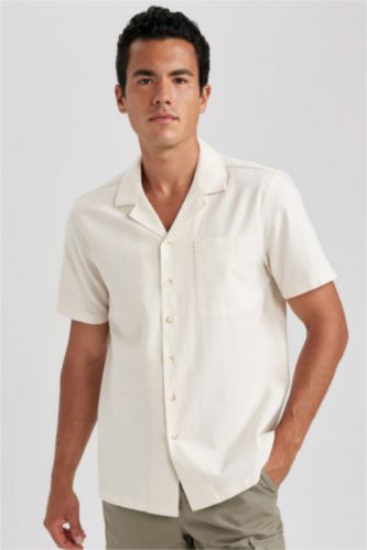 HOMME Beige Chemise Coton Coupe Régulière à Manches Courtes