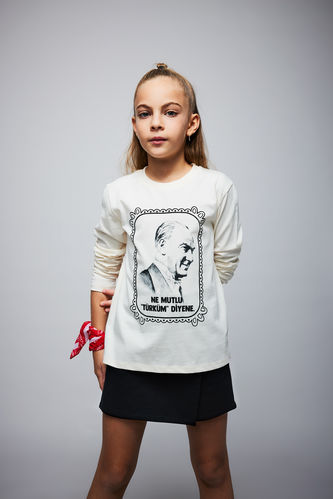Kız Çocuk  Atatürk Baskılı Bisiklet Yaka Penye Uzun Kollu Tişört