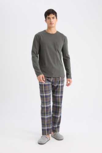 Pijama Takımı Regular Fit Uzun Kollu Basic Düz Üst Kareli Alt