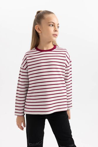 Girl Loose Fit Striped Crew Neck Sweatshirt