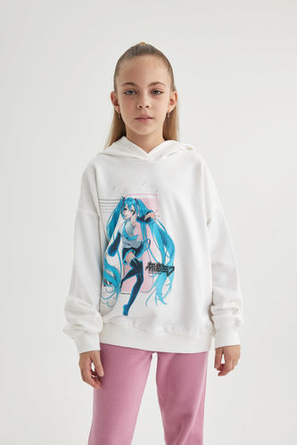 Kız Çocuk Hatsune Miku Oversize Fit Kapüşonlu Sweatshirt