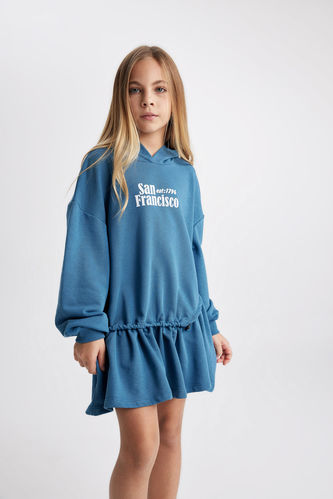 Kız Çocuk Kapüşonlu Baskılı Sweat Elbise