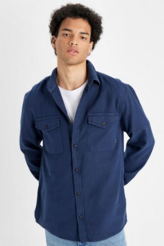 Regular Fit Polo Yaka Basic Düz Pamuklu Uzun Kollu Gömlek