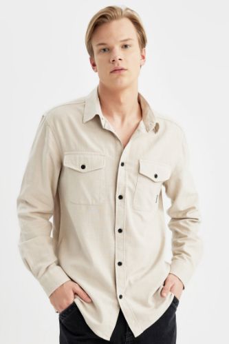 Regular Fit Polo Yaka Basic Düz Pamuklu Uzun Kollu Gömlek