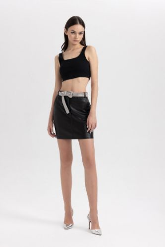 Coool A Cut Faux Leather Mini Knitted Skirt