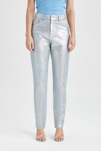 Straight Fit Normal Kalıp Normal Bel Boru Paça Bilek Boy Metalik Jean Pantolon